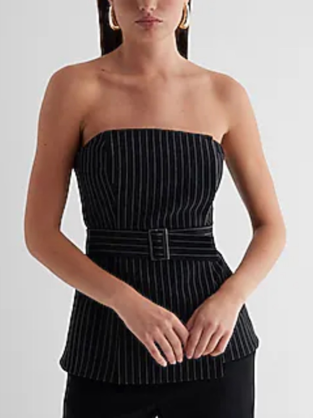 NWT Express Pinstripe Faux Wrap Belted Strapless Tube Top SZ XL in Black